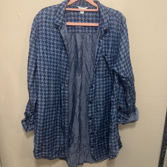 EST 1946 Women’s Button Down Blouse Large Blue Houndstooth Cotton Lightweight‎ - Picture 1 of 8